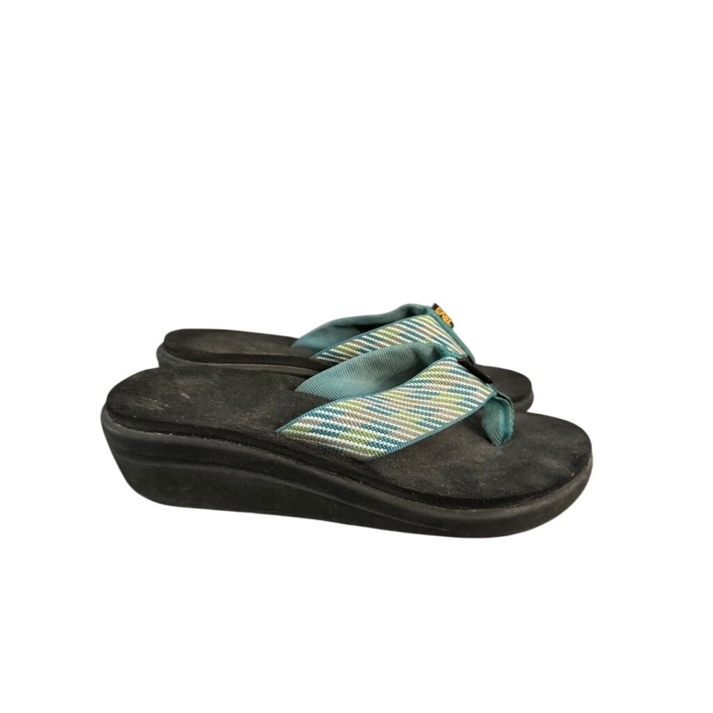 Teva Mush Mandalyn Wedge 2 Flip Flops Teal Green Striped Sandals Womens 5